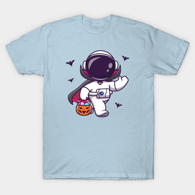 Cute Astronaut Dracula Holding Pumpkin Basket Candy  Cartoon T-Shirt by Catalyst Labs